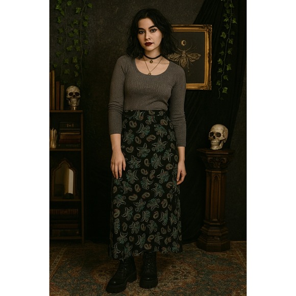 Lularoe L Maxi Paisley Black Teal Witchy Whimsigoth Dark Fairycore Teacher Work - Picture 1 of 9